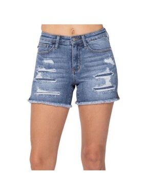 Judy Blue Denim Patch Cutoff Shorts Plus Size XL Medium Wash Distressed